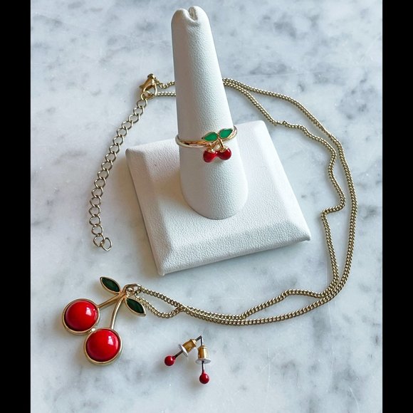 Cherries Necklace and Ring with Coordinating Post Earrings, 3-Piece Set - Picture 7 of 7